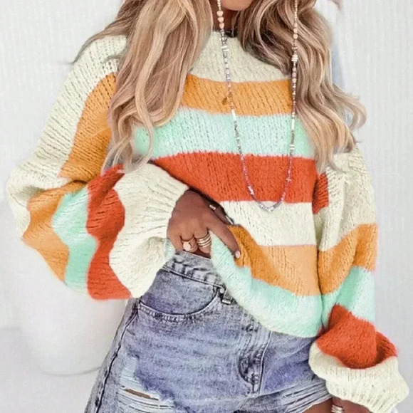 Color Casual Women's Chic Block Crew Neck Long Sleeve Knitted Sweater - Picture 1 of 3